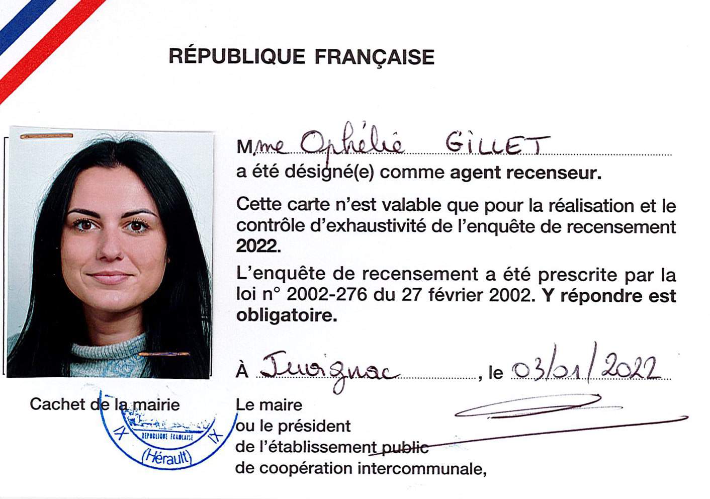 Carte agent recenseur-Ophélie Gillet