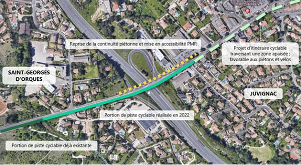 Direction Juvignac : Projet d'itinéraire cyclable traversant une zone apaisée favorable aux piétons et vélos. Sur le pont : Reprise de la continuité piétonne et mise en accessbilité PMR. Direction Saint-Georges d'Orques : portion de piste cyclable déjà existante