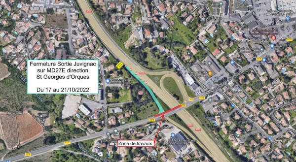 Fermeture Sortie Juvignac sur MD27E direction Saint-Georges d'Orques du 17 au 21/10/2022