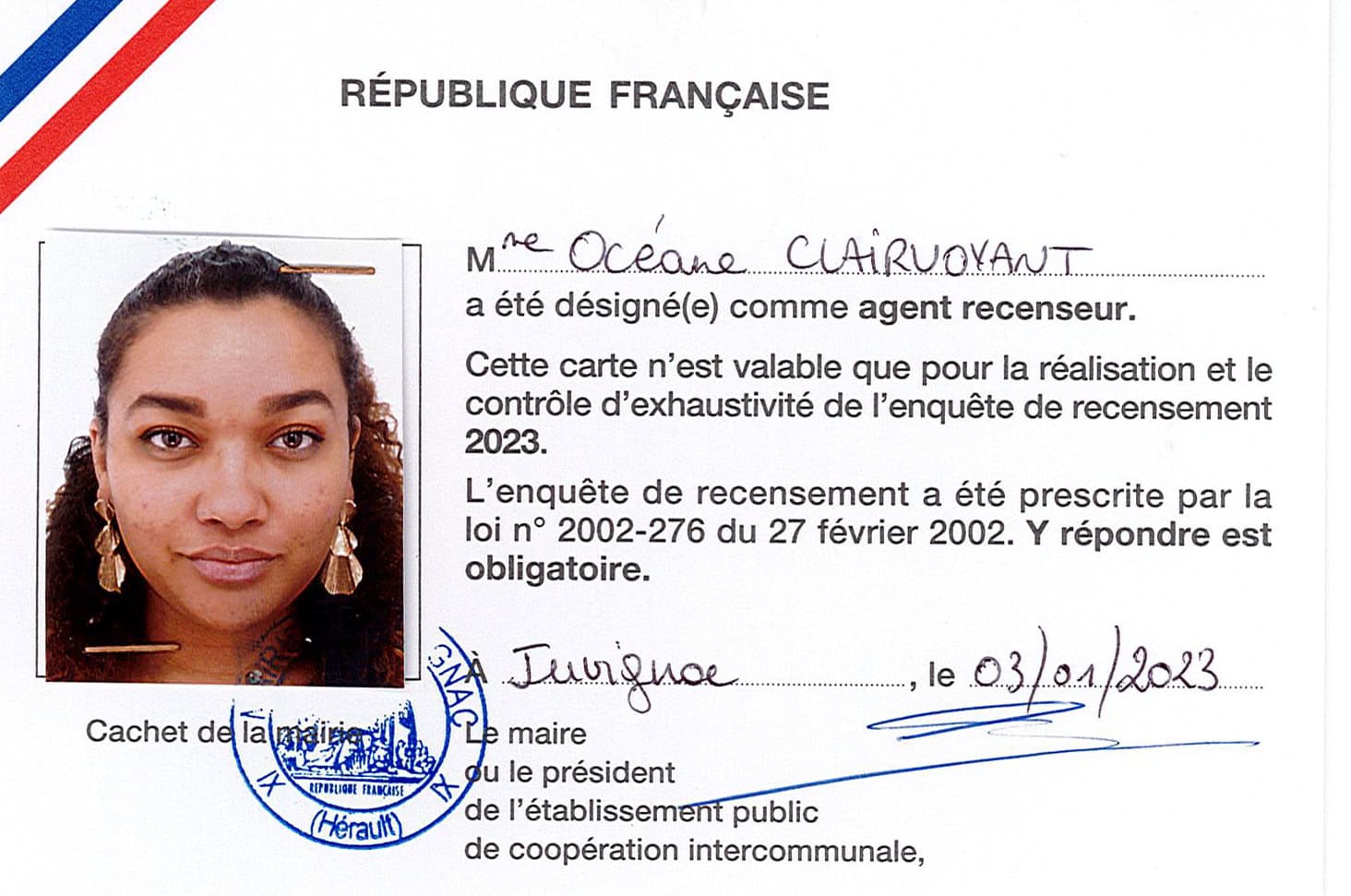 Exemple de carte officielle d'agent recenseur