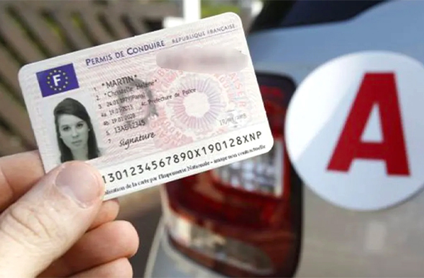 Photo montrant une main tenant un permis de conduire, avec en fond une vignette d'apprenti conducteur